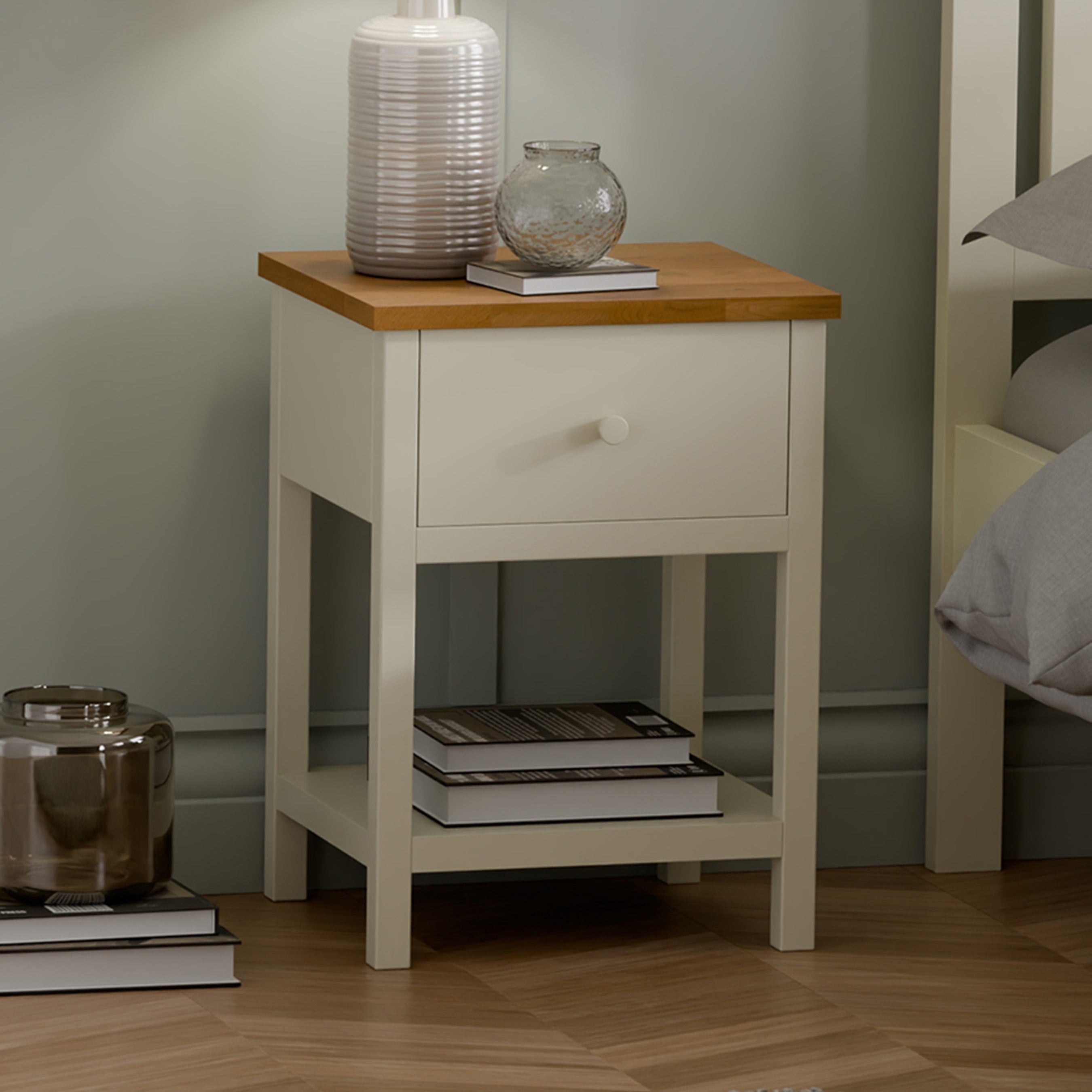 Osborne Solid Oak Wood Ivory Bedside Table | 1 Drawer